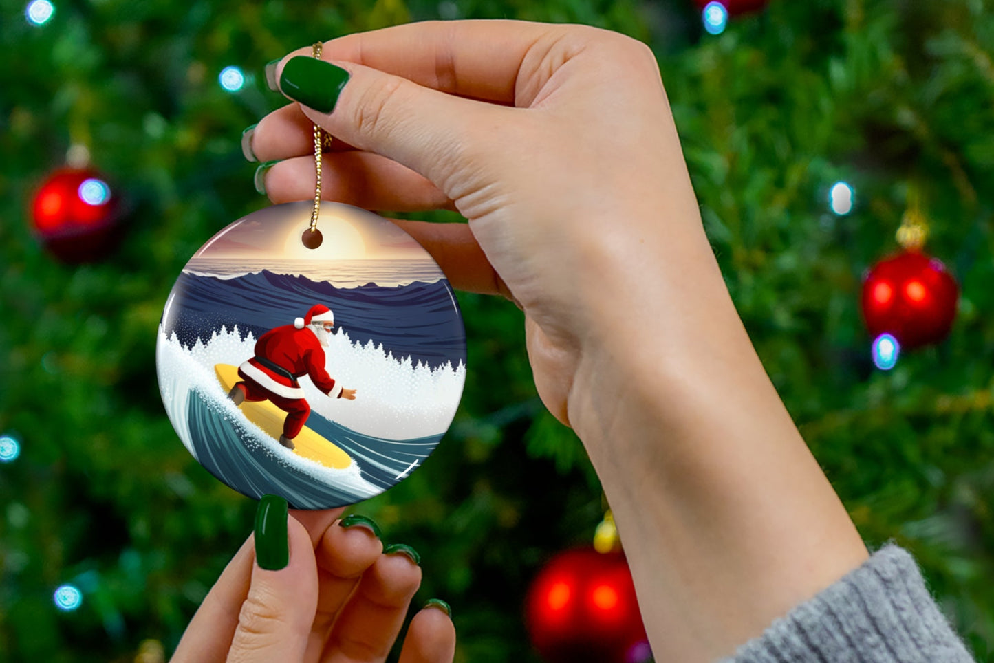 Surfing Santa Ceramic Christmas Holiday Ornament - Perfect Gift Ornament