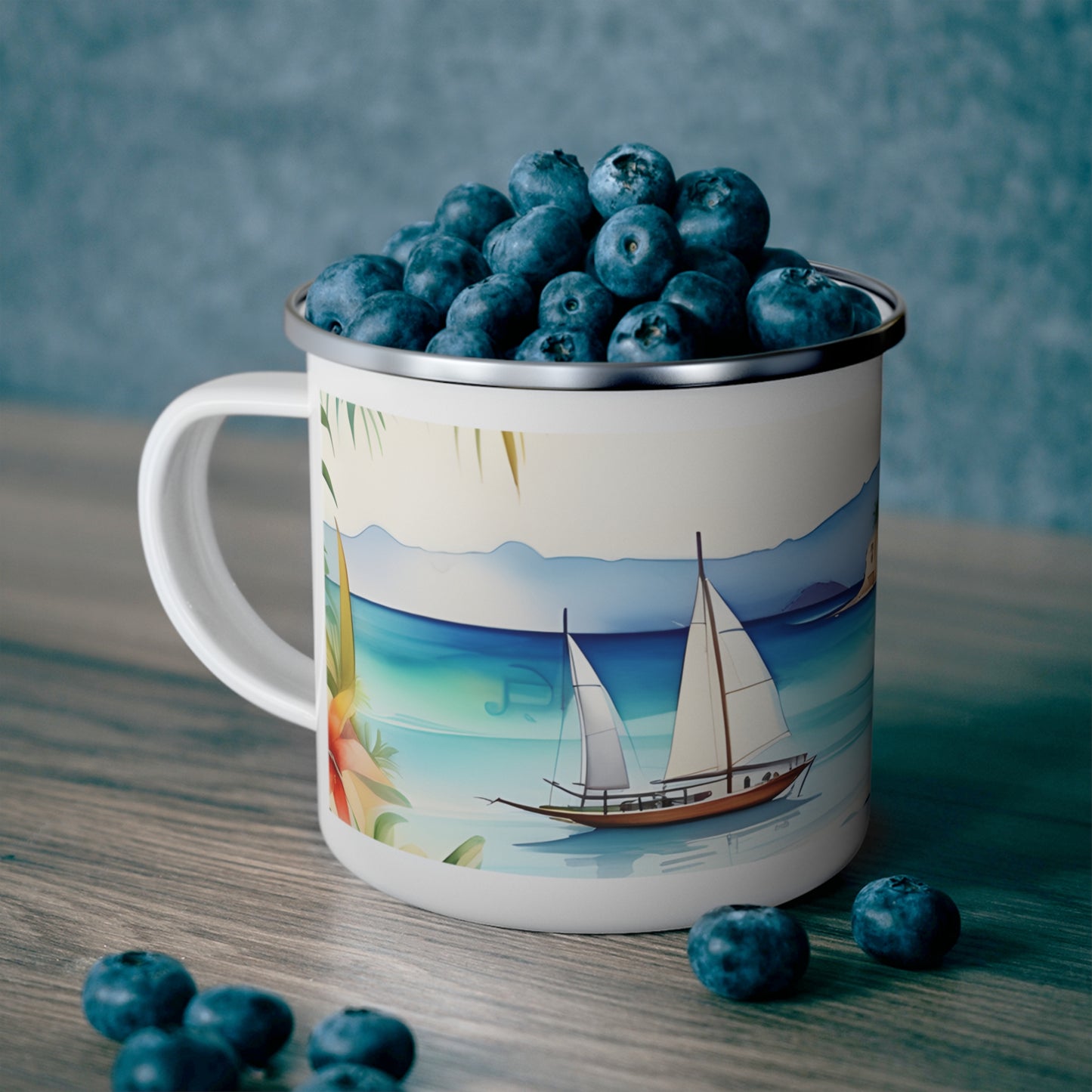 Tropical Paradise Enamel Mug, Beach Camping Cup, Coffee Mug, 12 oz