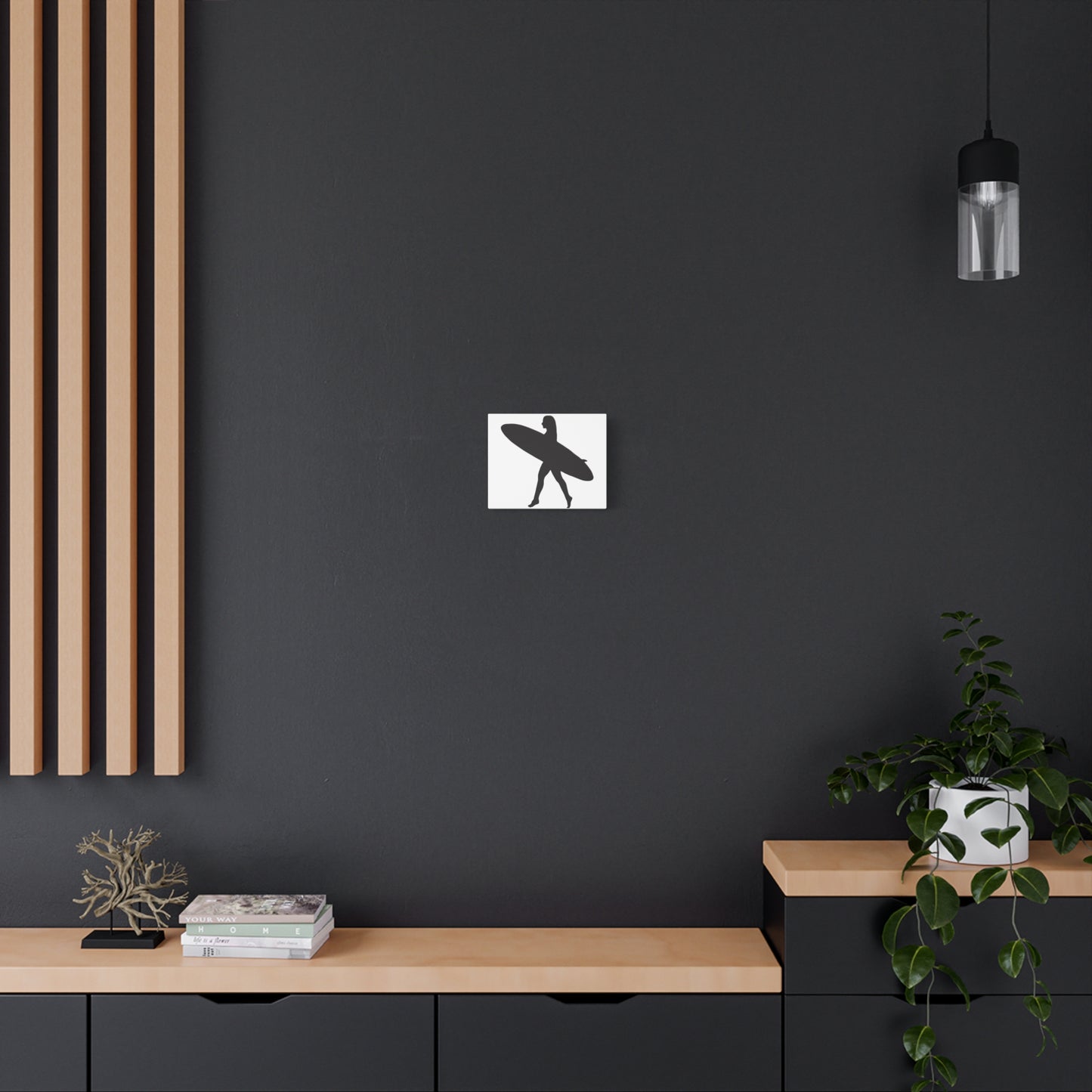 'Surfer Sillouette' 10" x 8" Matte Canvas Wall Art - Black and White Print
