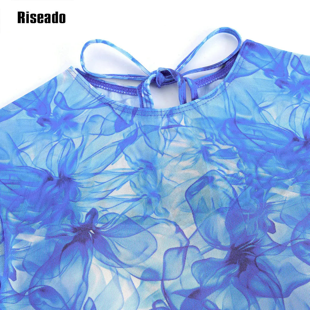 Women's Blue Floral Long Sleeve Mesh Rash Guard - High Waist Surf Swimsuit