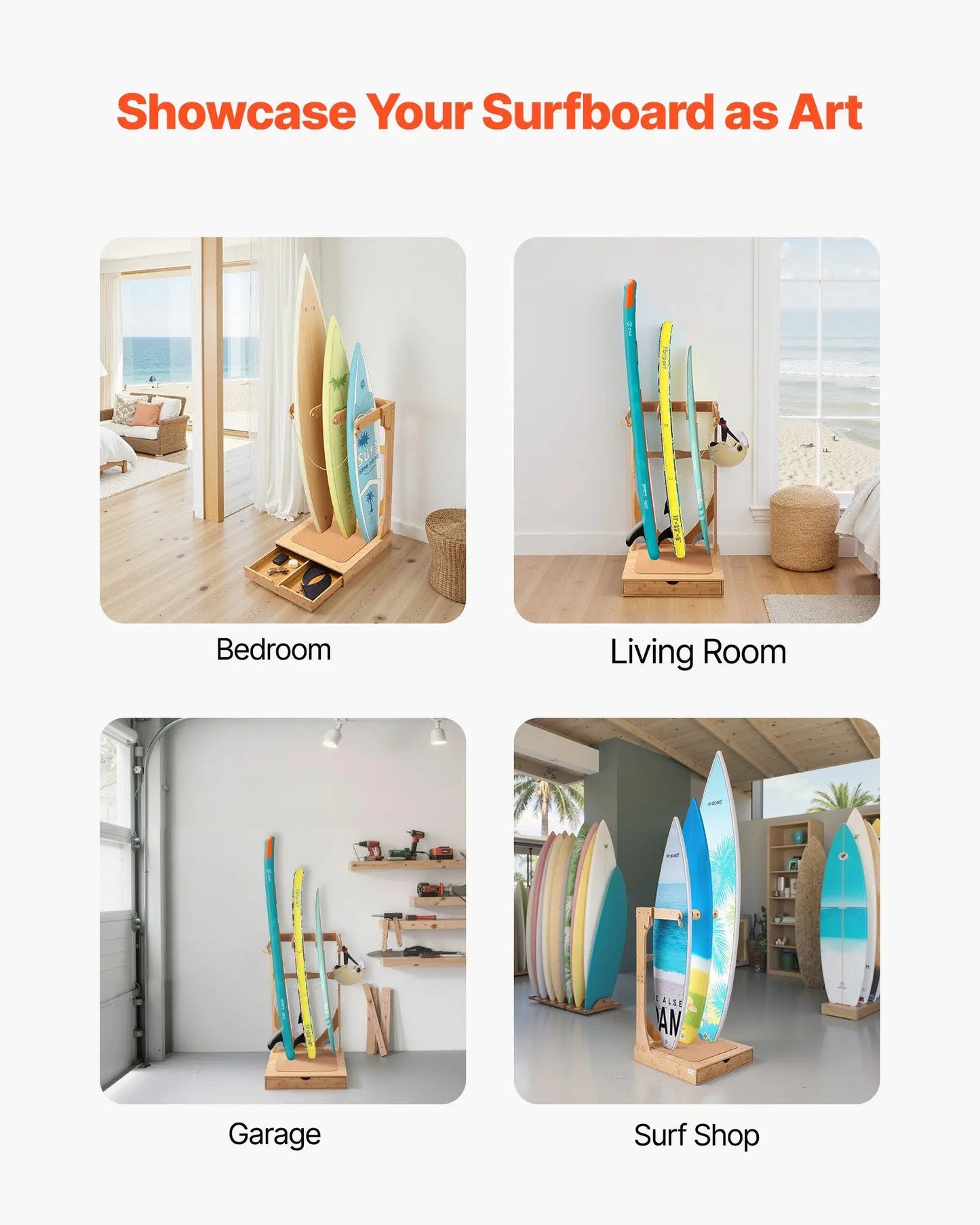 Vertical Surfboard Stand, 3 Tier Wooden Surfboard Rack for Storage or Display