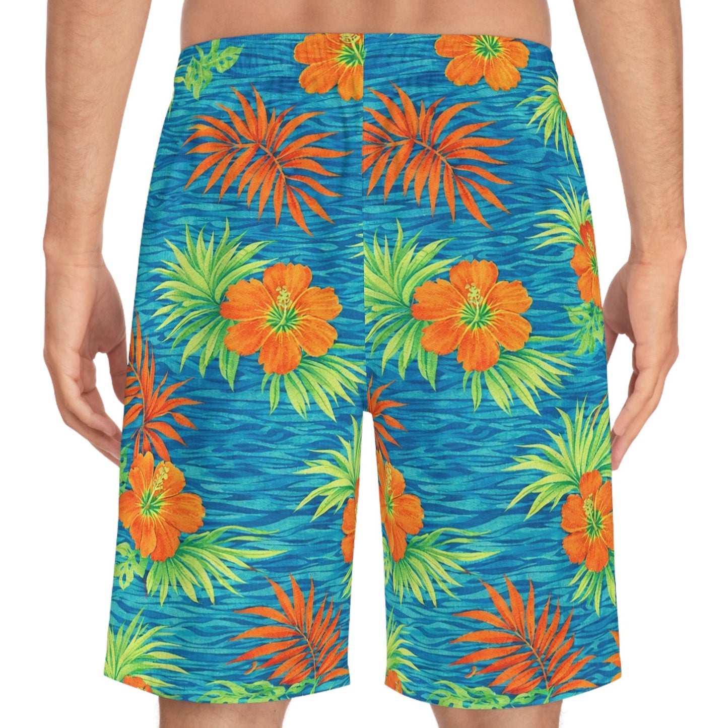 Boardshorts - All Over Hawaiian Print Board Shorts, Quick Dry Lightweight - Blue