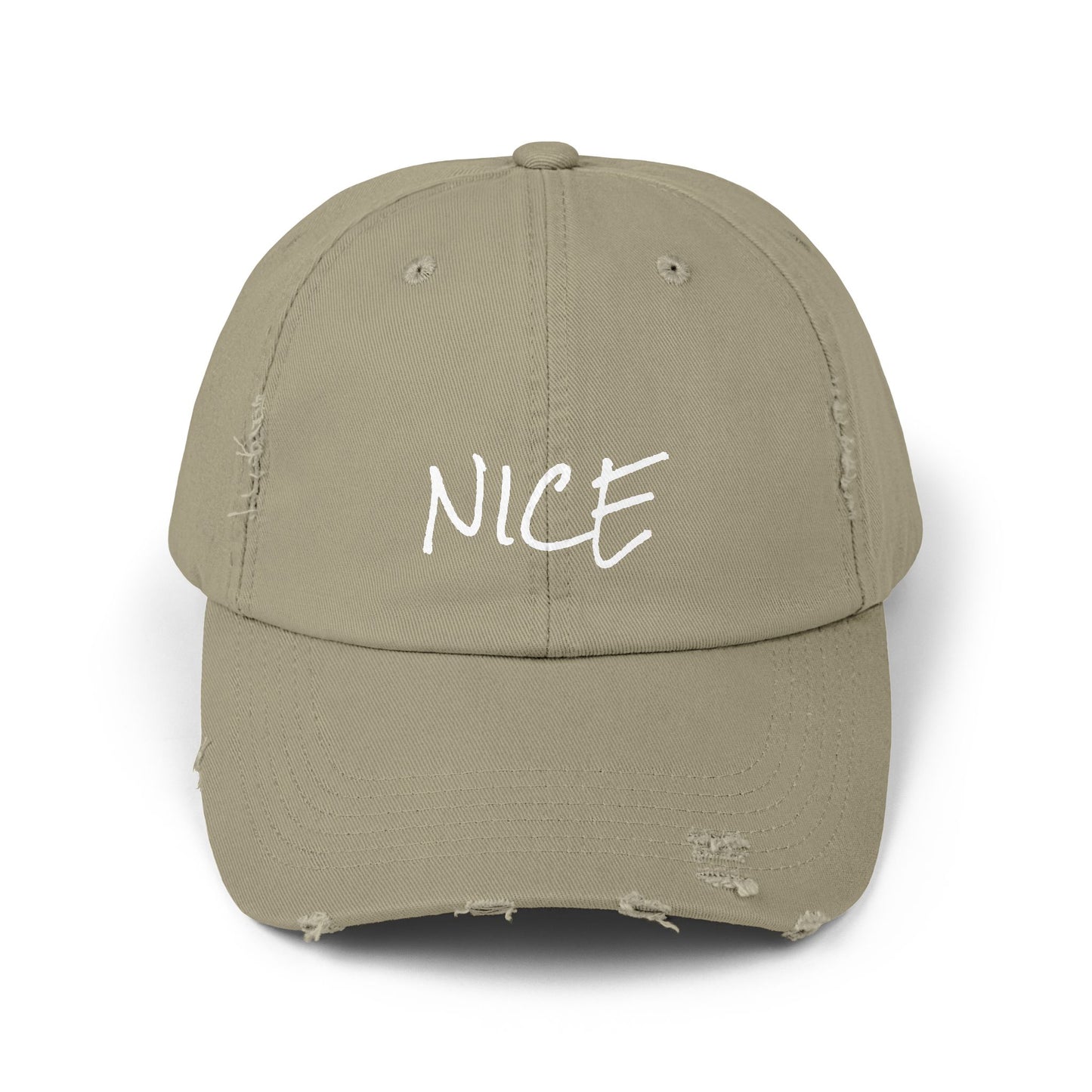 'Nice' Distressed Baseball Hat, Humorous Cap, 100% Cotton, Color Options
