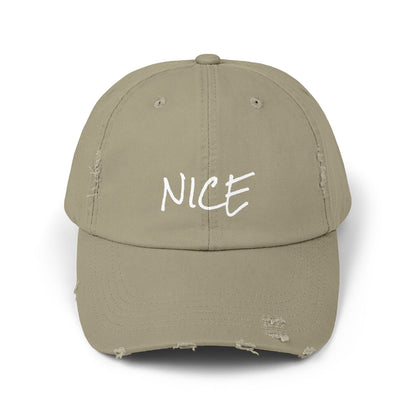 'Nice' Distressed Baseball Hat, Humorous Cap, 100% Cotton, Color Options