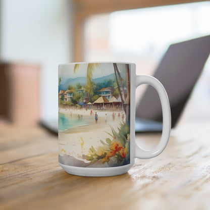 15oz Coastal Beach Art Seascape Mug | White Ceramic Cup, Perfect Gift