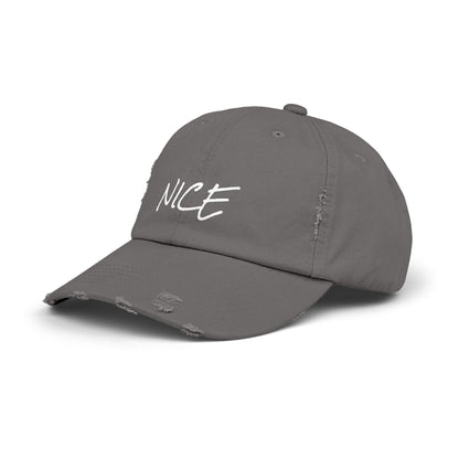 'Nice' Distressed Baseball Hat, Humorous Cap, 100% Cotton, Color Options