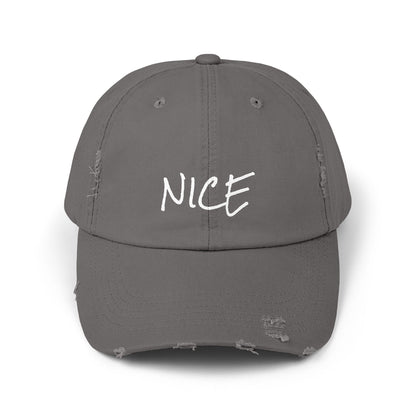 'Nice' Distressed Baseball Hat, Humorous Cap, 100% Cotton, Color Options