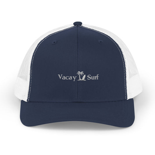 Trucker Cap - 'Vacay Surf' Embroidered Mesh Snapback, Navy / White