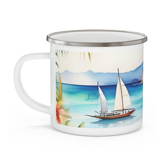 Tropical Paradise Enamel Mug, Beach Camping Cup, Coffee Mug, 12 oz