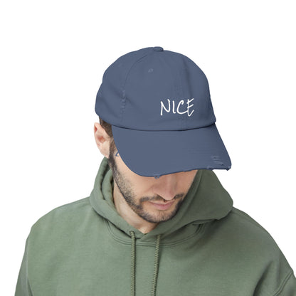 'Nice' Distressed Baseball Hat, Humorous Cap, 100% Cotton, Color Options