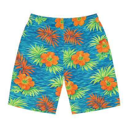Boardshorts - All Over Hawaiian Print Board Shorts, Quick Dry Lightweight - Blue