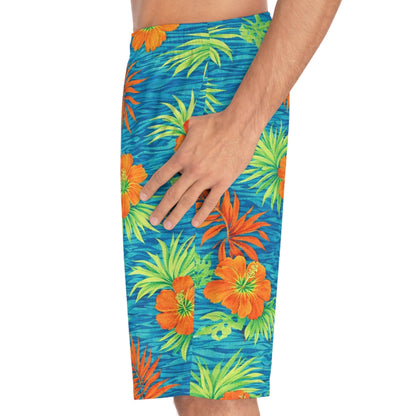Boardshorts - All Over Hawaiian Print Board Shorts, Quick Dry Lightweight - Blue