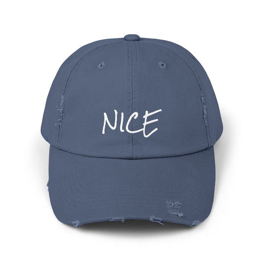 'Nice' Distressed Baseball Hat, Humorous Cap, 100% Cotton, Color Options