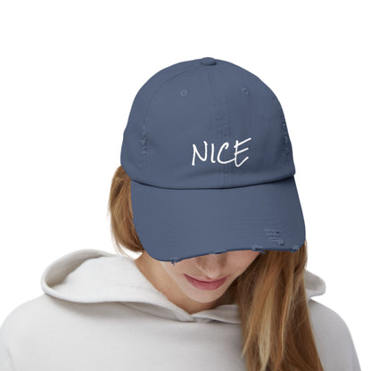 'Nice' Distressed Baseball Hat, Humorous Cap, 100% Cotton, Color Options