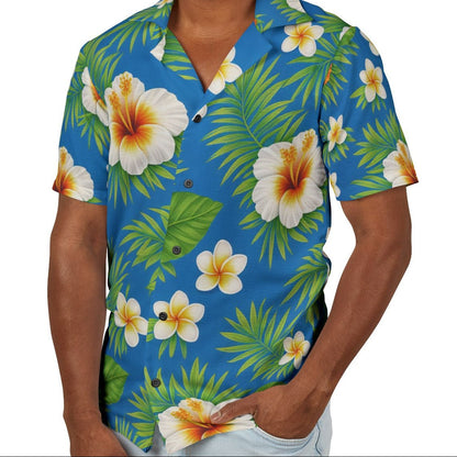 Men's Eco-Recycled Blue Green Hawaiian Camp Shirt - Lightweight, Recycled.