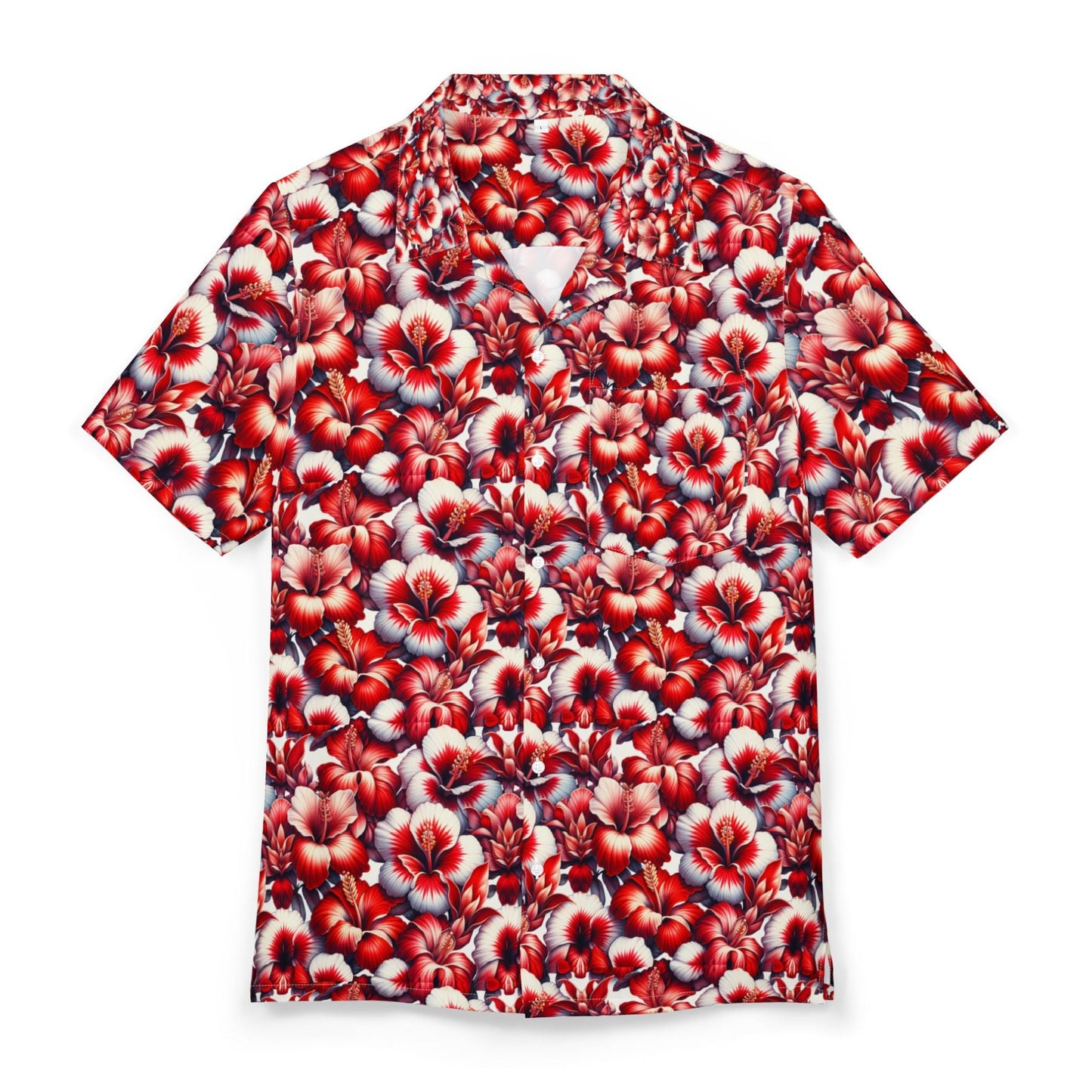 The Red Hibiscus-  Hawaiian Button-Down Shirt (AOP) - Casual Surf Shirt