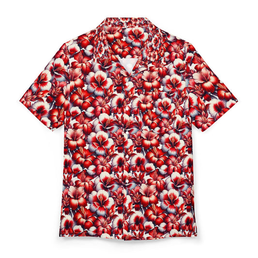 The Red Hibiscus-  Hawaiian Button-Down Shirt (AOP) - Casual Surf Shirt