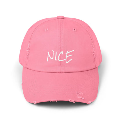 'Nice' Distressed Baseball Hat, Humorous Cap, 100% Cotton, Color Options