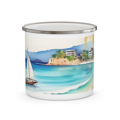 Tropical Paradise Enamel Mug, Beach Camping Cup, Coffee Mug, 12 oz