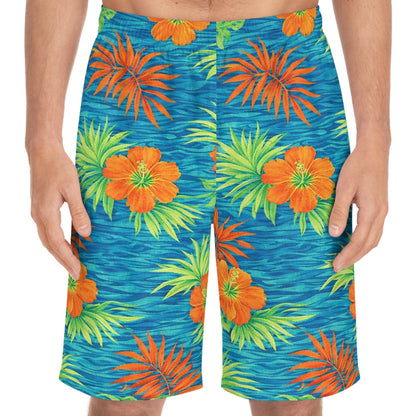 Boardshorts - All Over Hawaiian Print Board Shorts, Quick Dry Lightweight - Blue