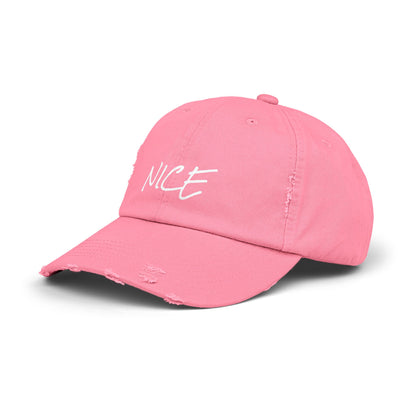 'Nice' Distressed Baseball Hat, Humorous Cap, 100% Cotton, Color Options
