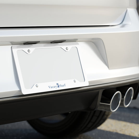 Vacay Surf Metal License Plate Frame — Stainless Steel Beach Car Accent