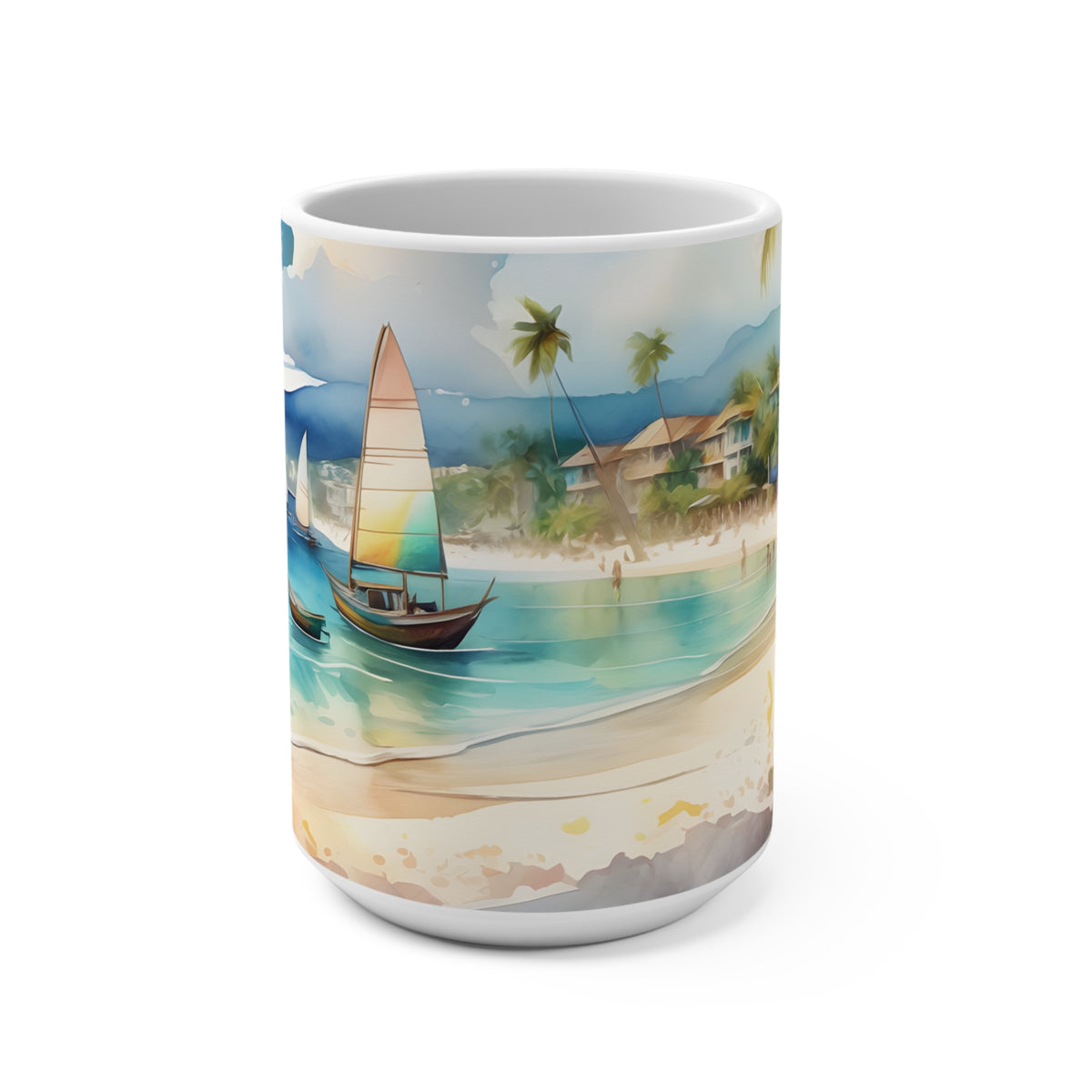 15oz Coastal Beach Art Seascape Mug | White Ceramic Cup, Perfect Gift