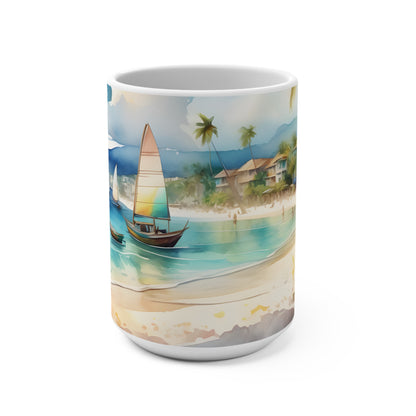 15oz Coastal Beach Art Seascape Mug | White Ceramic Cup, Perfect Gift
