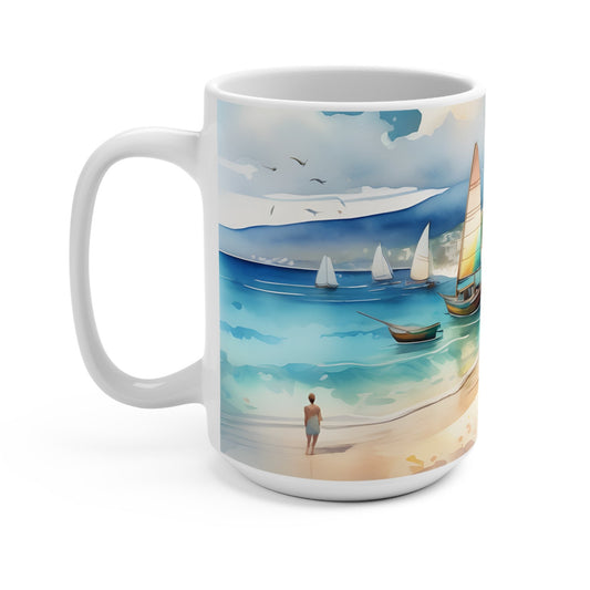 15oz Coastal Beach Art Seascape Mug | White Ceramic Cup, Perfect Gift