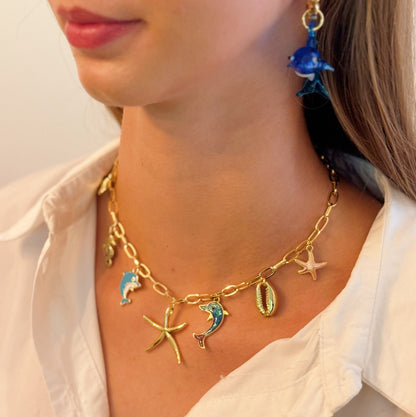Women's Ocean Play Charm Necklace | Dolphin, Starfish, Seahorse & Shell Design