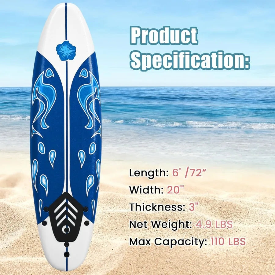 6' Soft Top Surfboard with 3 Removable Fins Leash Included EPS Core EPE Deck