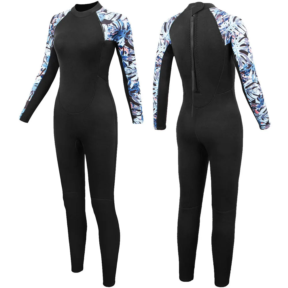 Women's Full Wetsuit - 3mm Neoprene Long Sleeve Fullsuit, Black/Hawaiian Floral