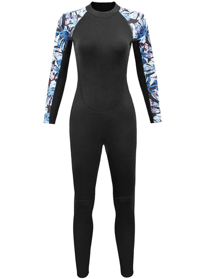 Women's Full Wetsuit - 3mm Neoprene Long Sleeve Fullsuit, Black/Hawaiian Floral