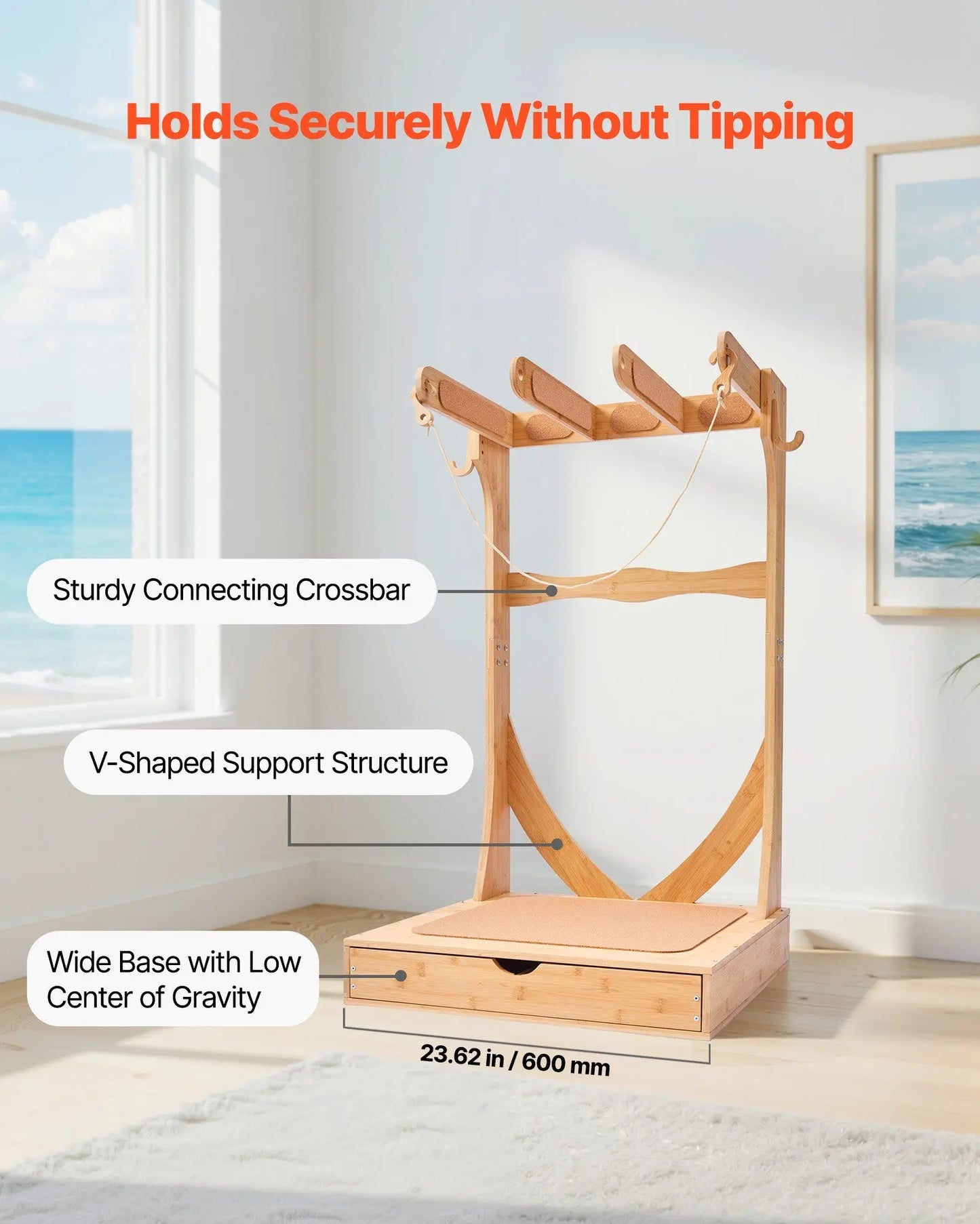 Vertical Surfboard Stand, 3 Tier Wooden Surfboard Rack for Storage or Display