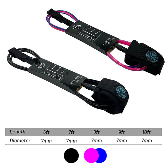 Surf Leash Black or Pink/Blue, 6 to 10 feet Length 7mm Thick, TPU, Stainless Swivel