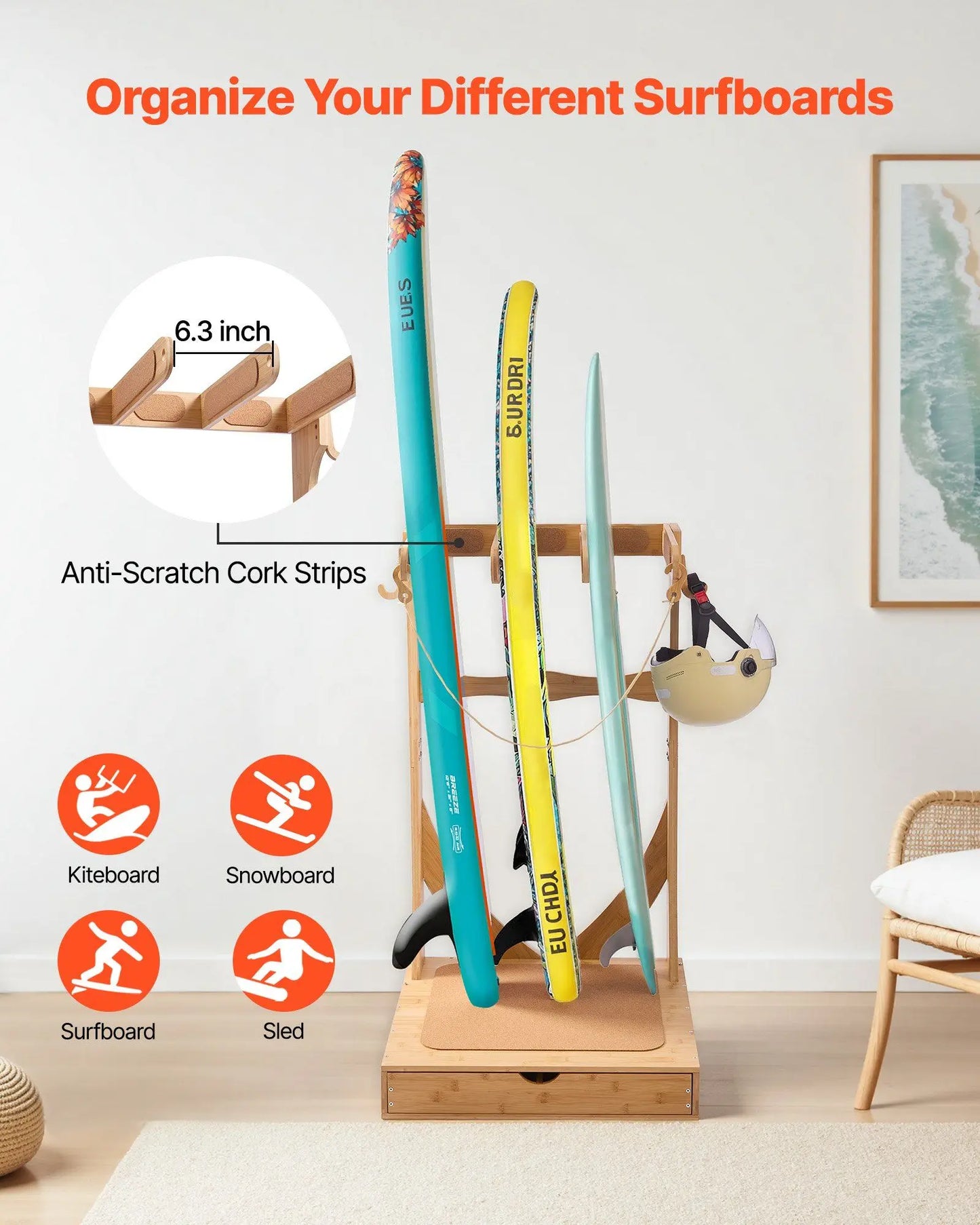 Vertical Surfboard Stand, 3 Tier Wooden Surfboard Rack for Storage or Display