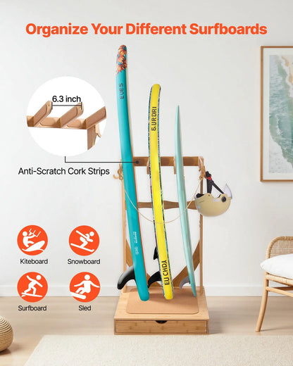 Vertical Surfboard Stand, 3 Tier Wooden Surfboard Rack for Storage or Display