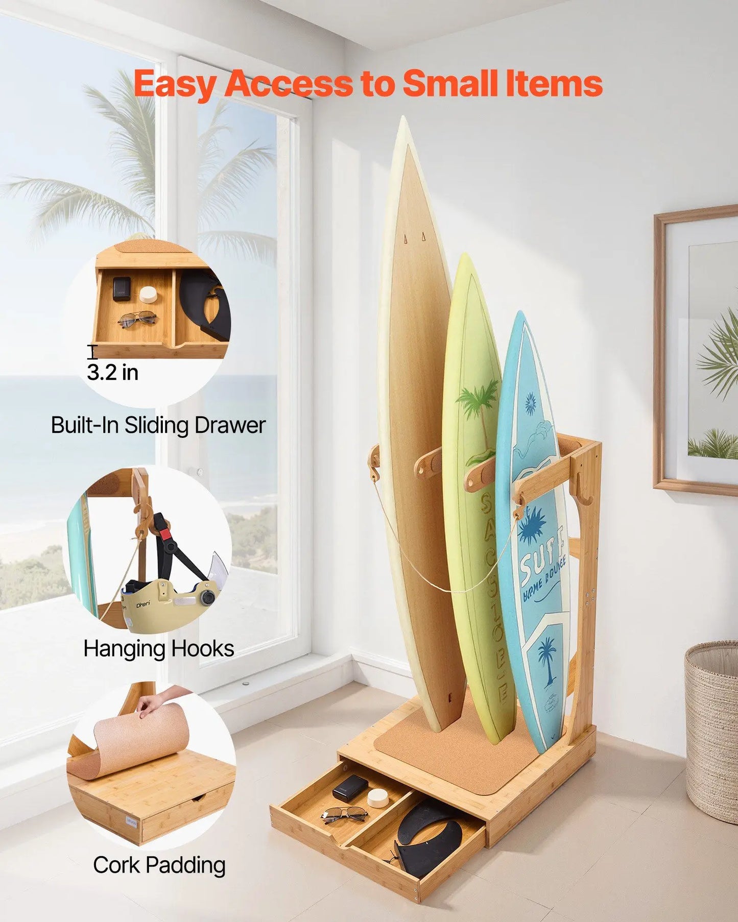 Vertical Surfboard Stand, 3 Tier Wooden Surfboard Rack for Storage or Display