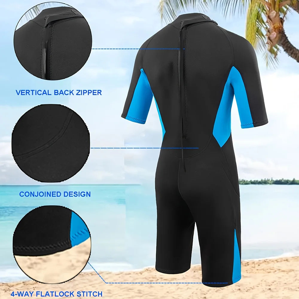 Men's Short Sleeve Surfing Wetsuit - 3mm Neoprene Spring Suit with Back Zip