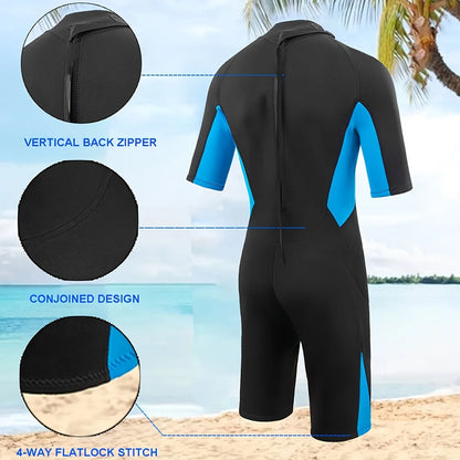 Men's Short Sleeve Surfing Wetsuit - 3mm Neoprene Spring Suit with Back Zip