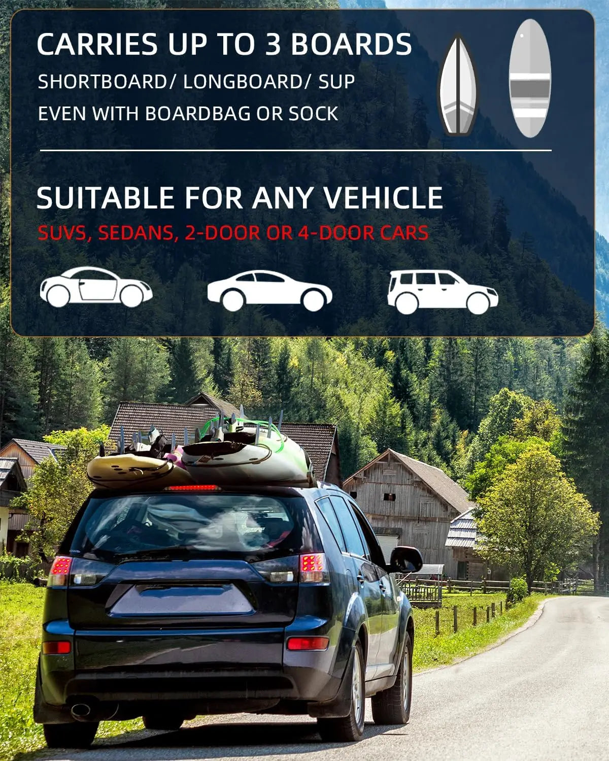 Universal Soft Roof Rack Pads with Straps, Ropes, Loops and Bag for all Surfboards