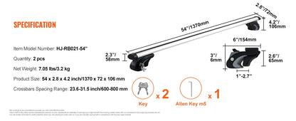 Adjustable Roof Rack CrossBars - for SUVs, Cars w/ Side Bars, 200LBS Capacity