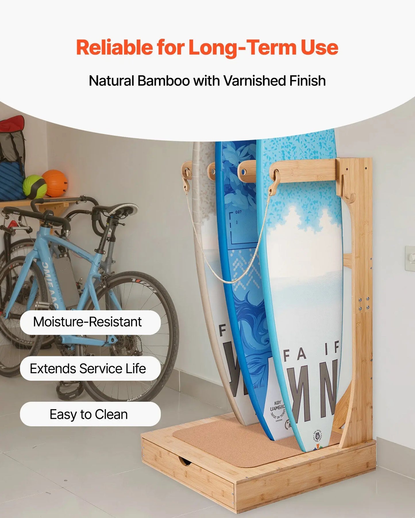 Vertical Surfboard Stand, 3 Tier Wooden Surfboard Rack for Storage or Display