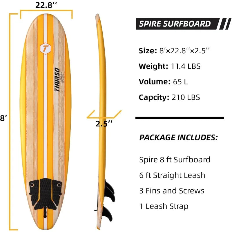8 ft Soft Top Foam Beginner Surfboard, Complete Set with Fins and Leash