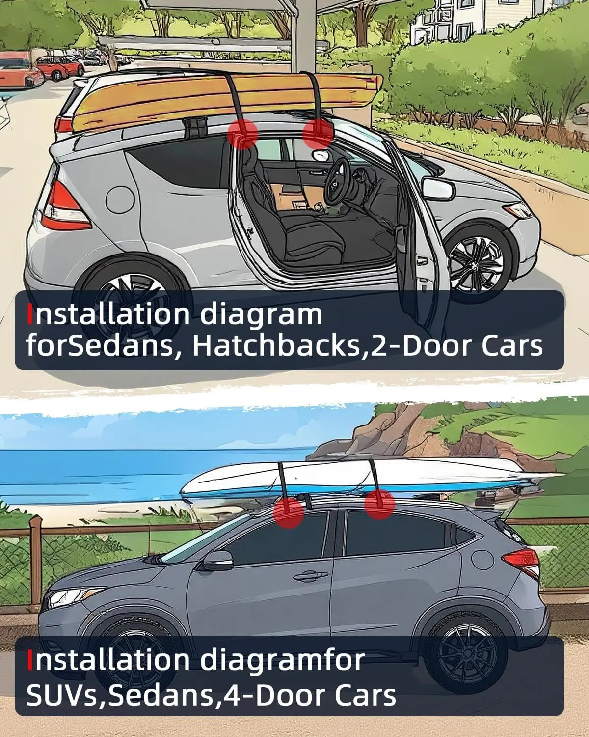 Universal Soft Roof Rack Pads with Straps, Ropes, Loops and Bag for all Surfboards