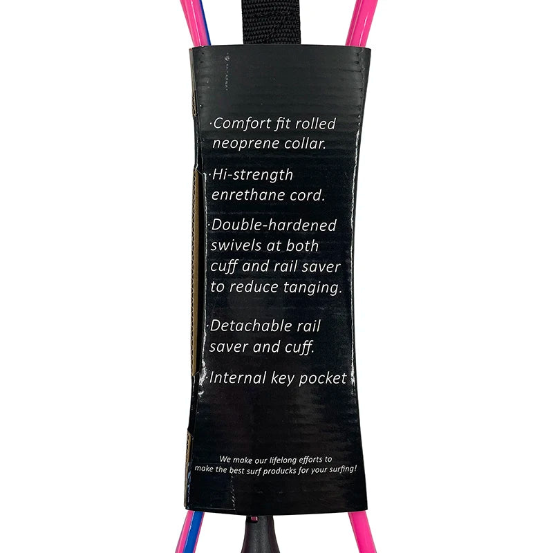 Surf Leash Black or Pink/Blue, 6 to 10 feet Length 7mm Thick, TPU, Stainless Swivel