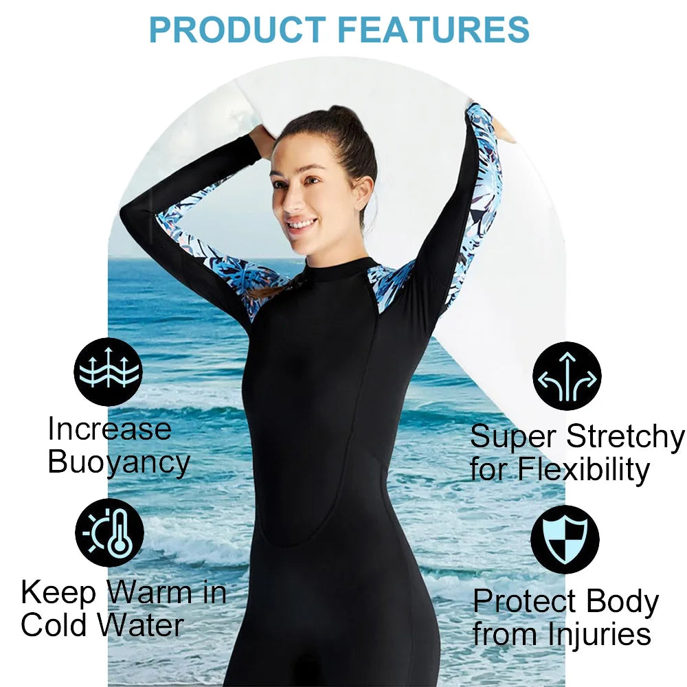 Women's Full Wetsuit - 3mm Neoprene Long Sleeve Fullsuit, Black/Hawaiian Floral