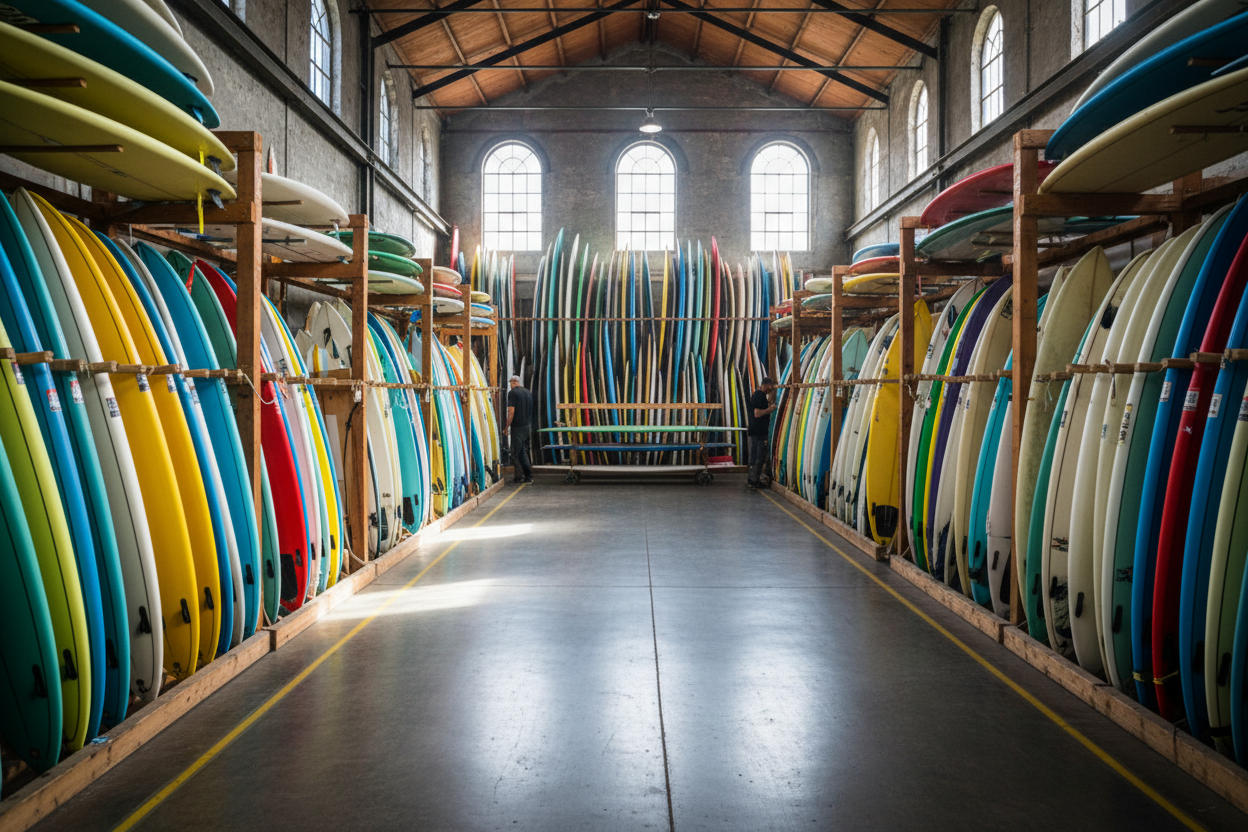 a beautiful warehouse stocked with hundreds of surfboards