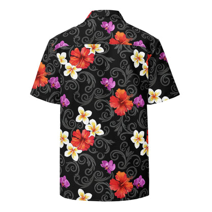 Black Aloha Button Down Eco-Friendly Hawaiian Shirt, UPF50+ Sun Protection