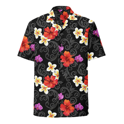 Black Aloha Button Down Eco-Friendly Hawaiian Shirt, UPF50+ Sun Protection